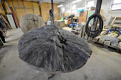 Der Querbruch (Durchmesser ca. 150 cm) an einem der großen
Kalzitspärite läßt mittig das Kristallisationszentrum
erkennen und davon
ausgehend die radialstrahlig angeordneten Kristallite aus
Kalziumcarbonat. Die
Querschnittansicht wurde während der Restaurierung im Jahre
2012
aufgenommen. Foto: Markus Scholz im Auftrag des ZNS.